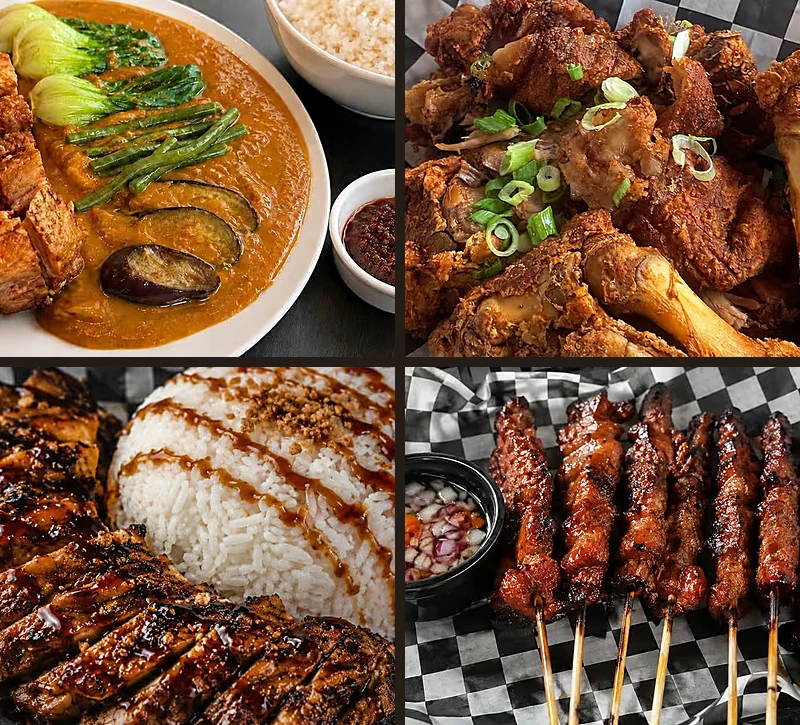 Filipino sharing platter with kare-kare, crispy pata, grilled beef and sisig at Kalan Restaurant, Arlington Street, Winnipeg