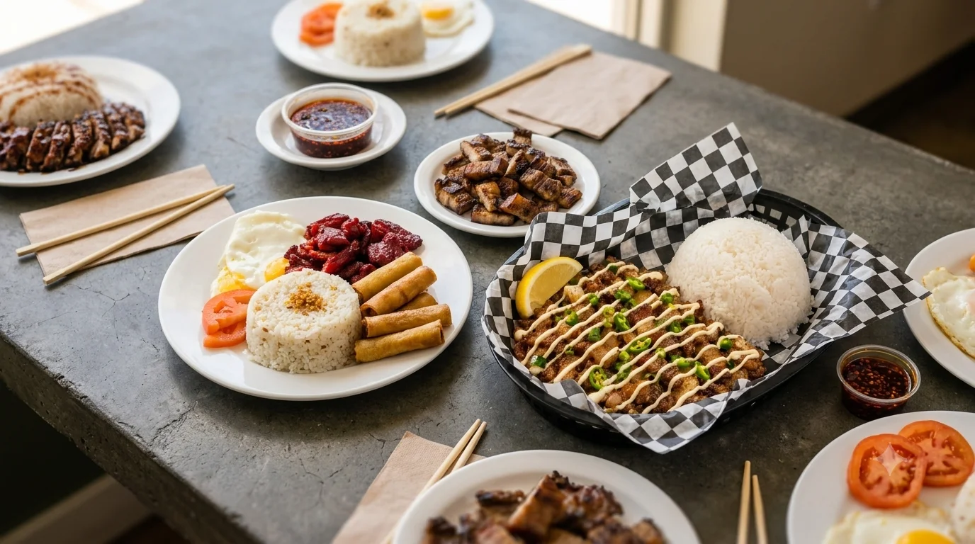 A table spread of late-night Filipino plates &ndash; crispy sisig, inihaw na baka, grilled pork and lumpia &ndash; at Kalan At Night, 1449 Arlington Street, Winnipeg