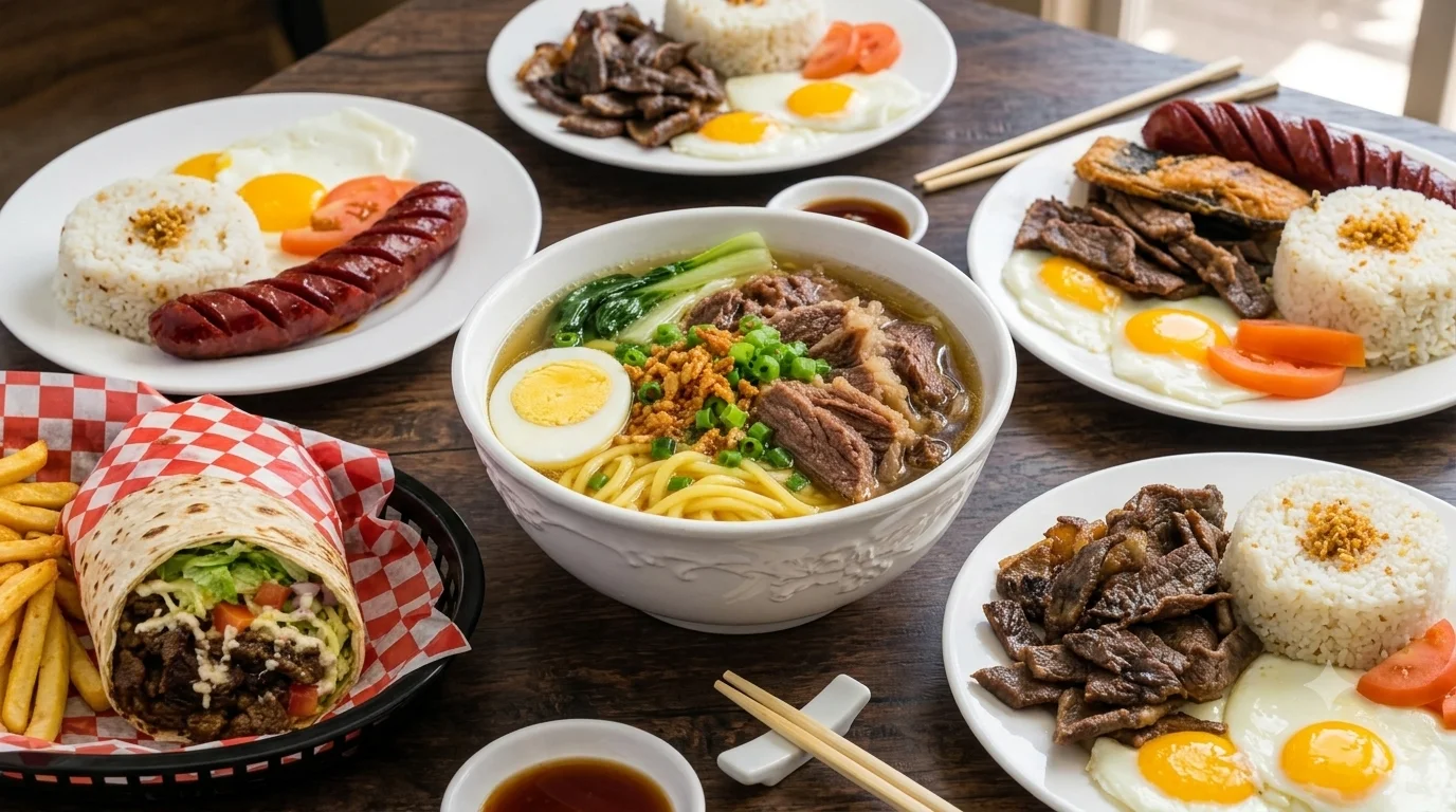 A table spread of Filipino silog breakfast plates with garlic fried rice and eggs at Kalan Restaurant and Catering Services, 1449 Arlington Street, Winnipeg